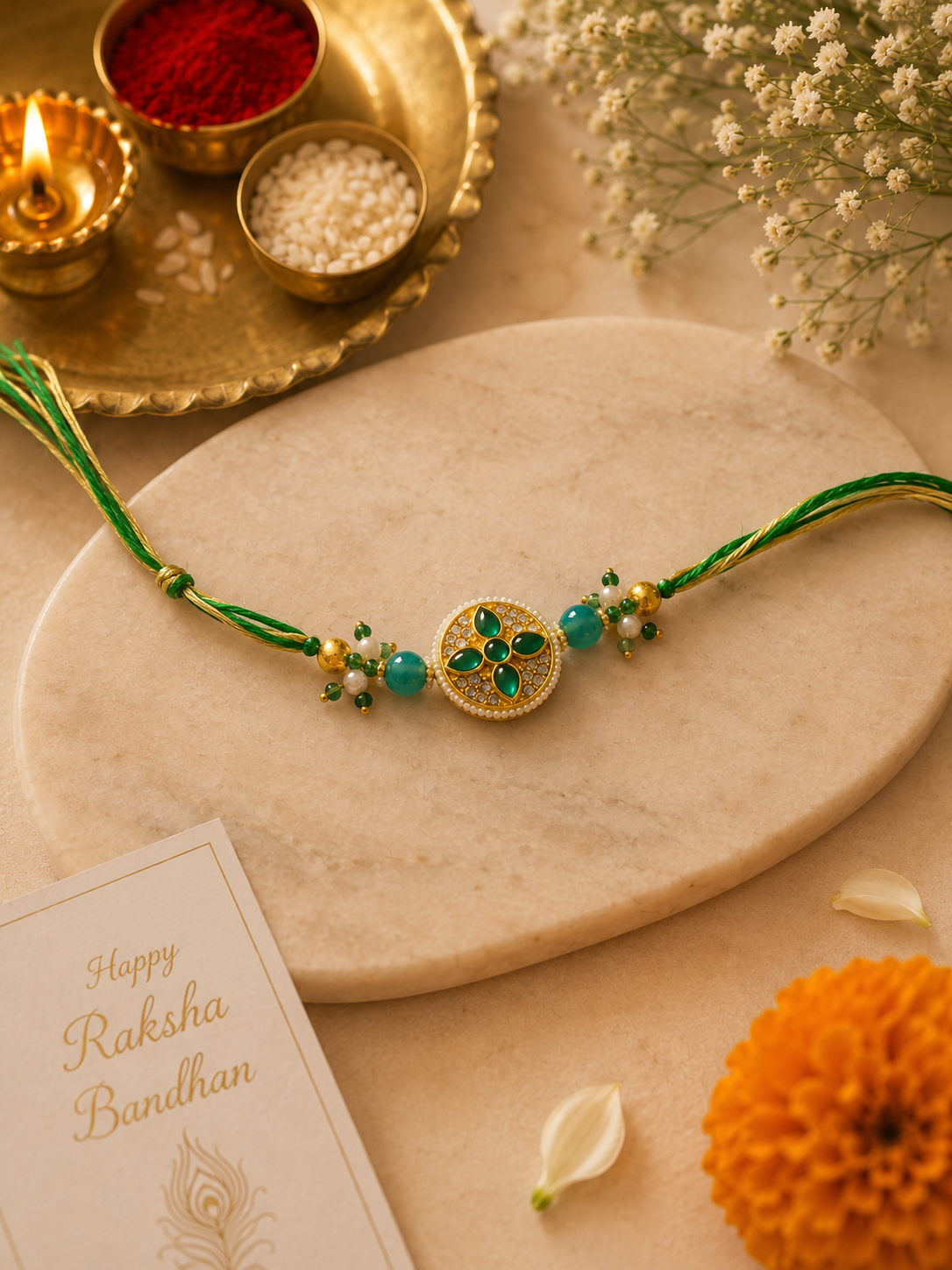 Emerald Kundan Twin Motif Rakhi with Green Thread & Pearl Accents