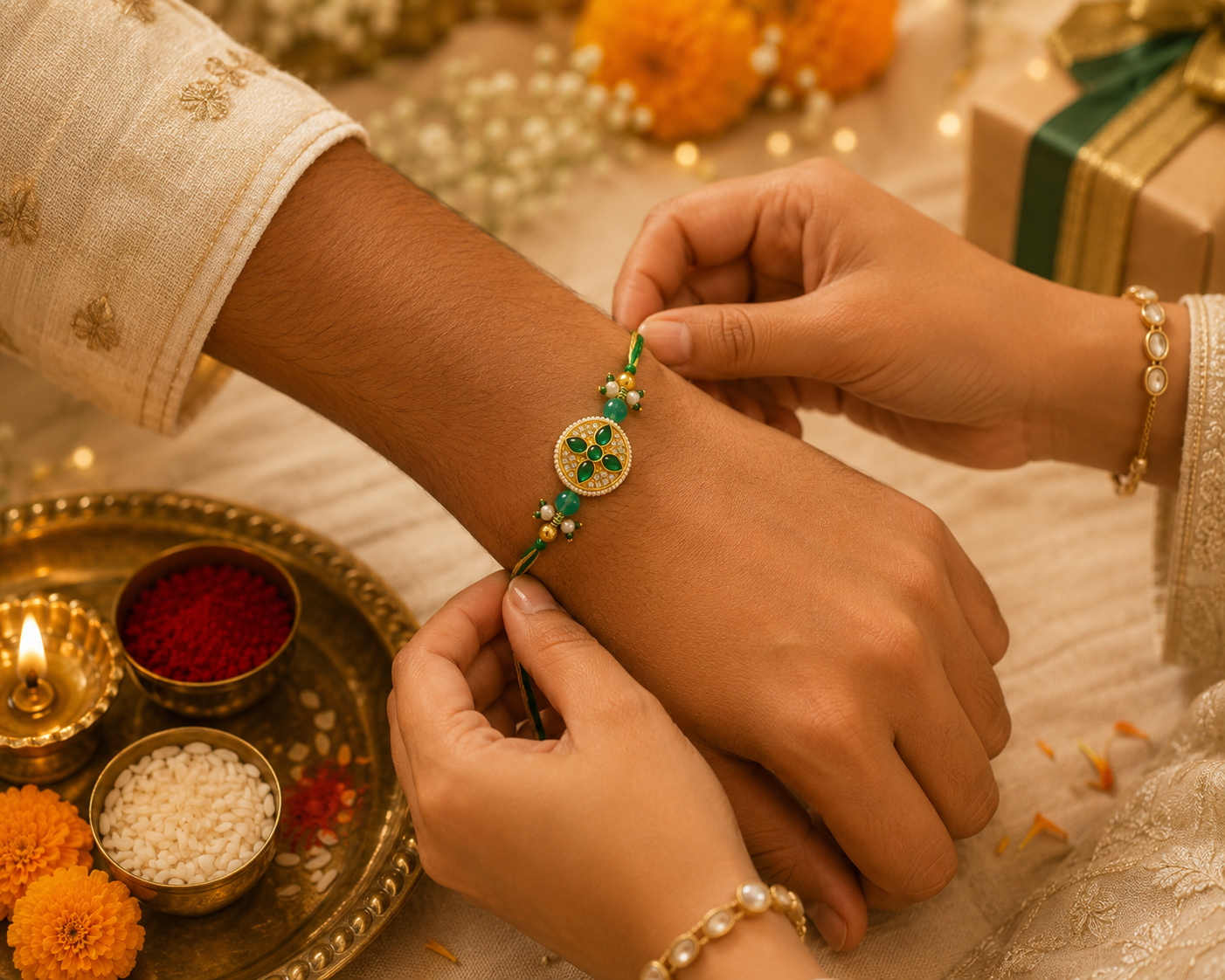 Emerald Kundan Twin Motif Rakhi with Green Thread & Pearl Accents