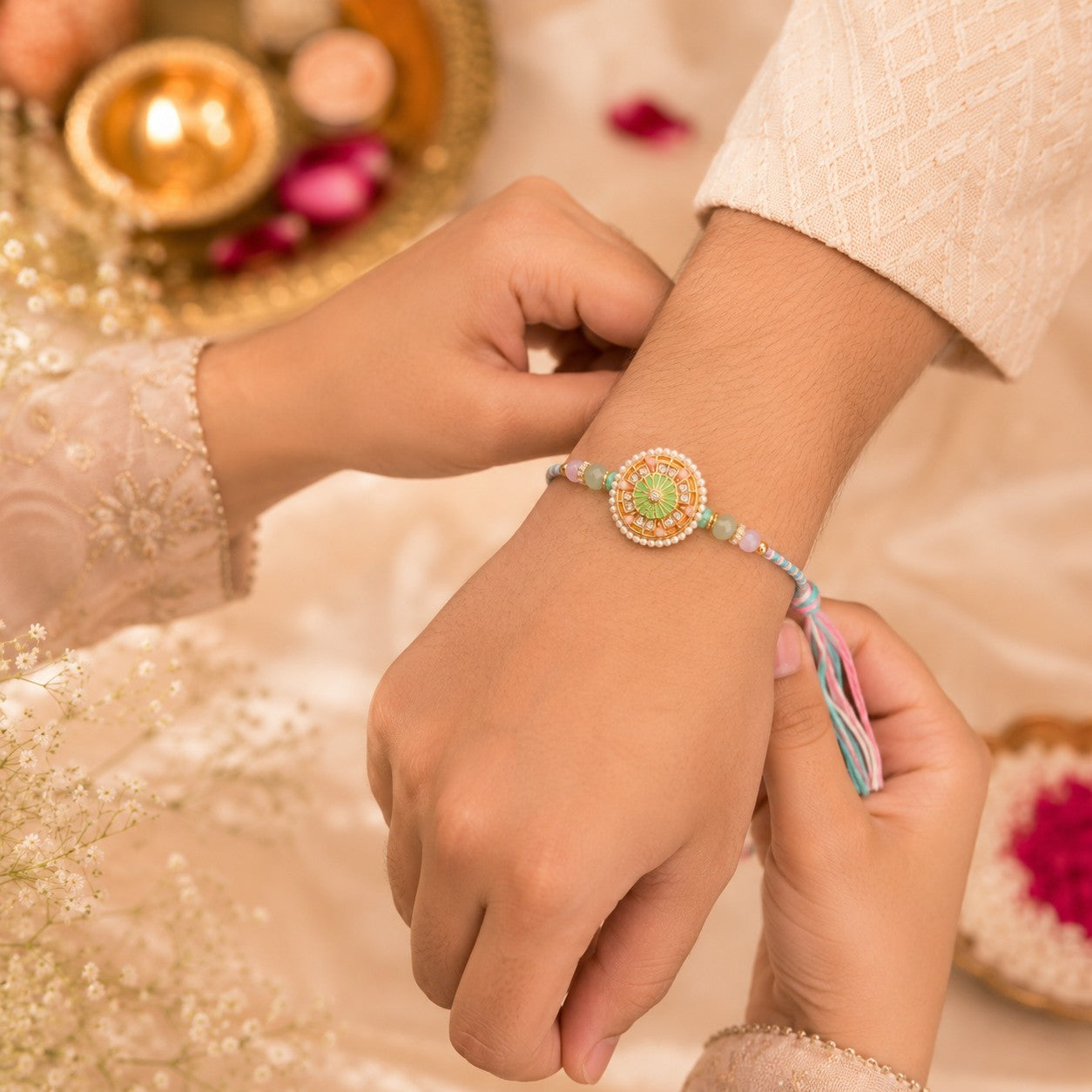 Pastel Bloom Handmade Rakhi with Pearl