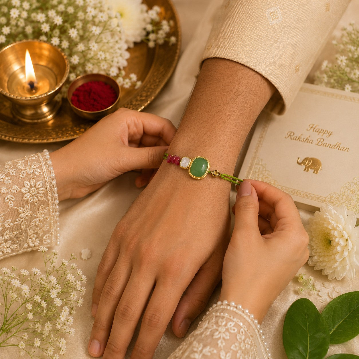 Emerald Harmony Handmade Rakhi with Kundan Accent & Ruby Beads