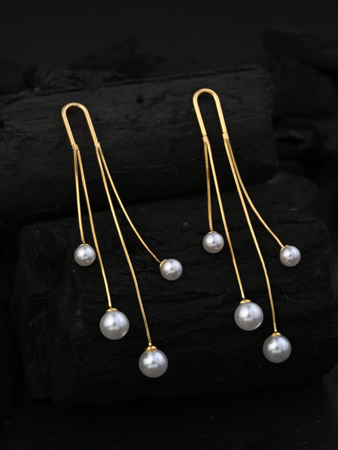 Celeste Triple Golden Pearl Drop Earrings - Reenisaa