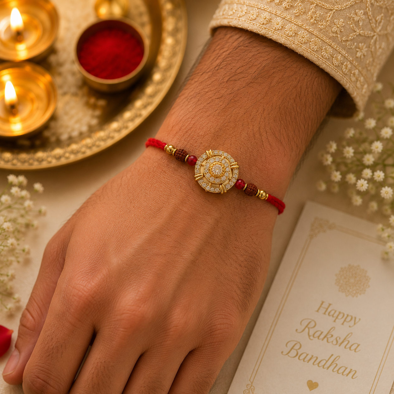 Peacock Kundan Rakhi with Green Stone Accents & Red-Green Thread