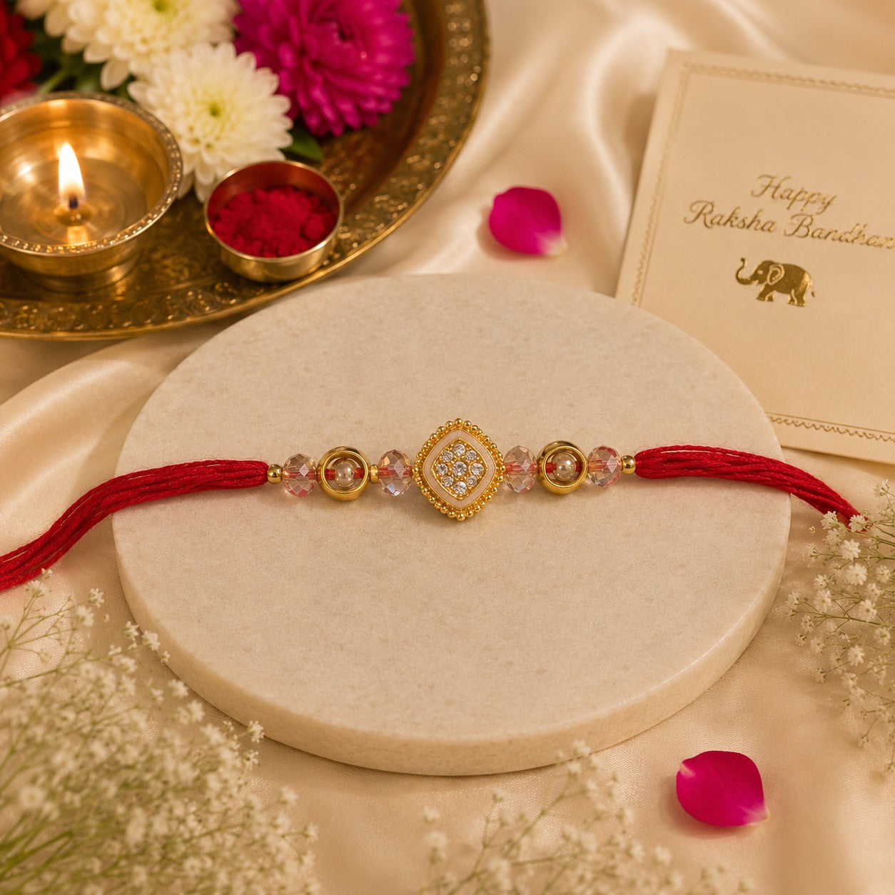 Radiant Pearl & Crystal Designer Rakhi with Red Sacred Thread