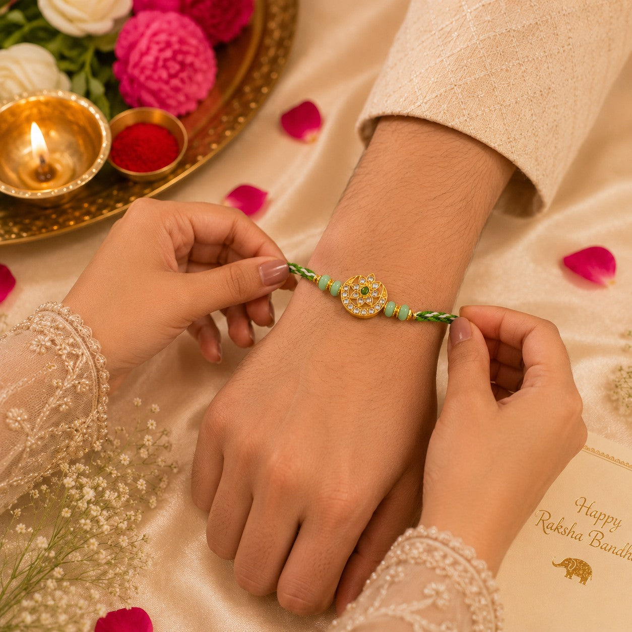 Emerald Radiance Handmade Rakhi with Crystal Floral Medallion