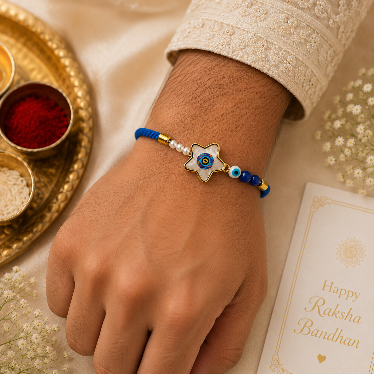 Blue Evil Eye Star Rakhi with Pearl Accents & Adjustable Thread