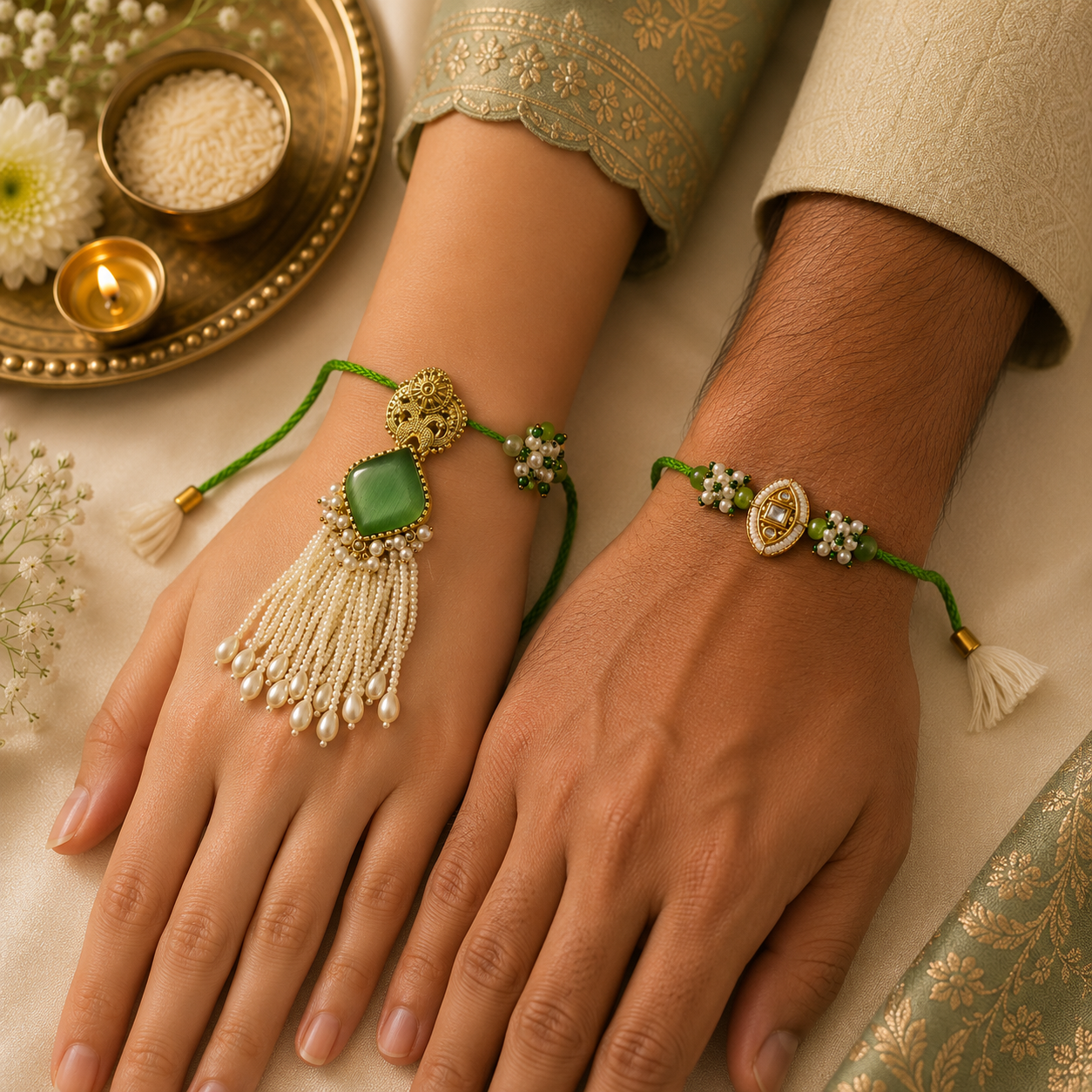 Green Evil Eye Bhai Bhabhi Rakhi Set with Pearl Tassel Lumba