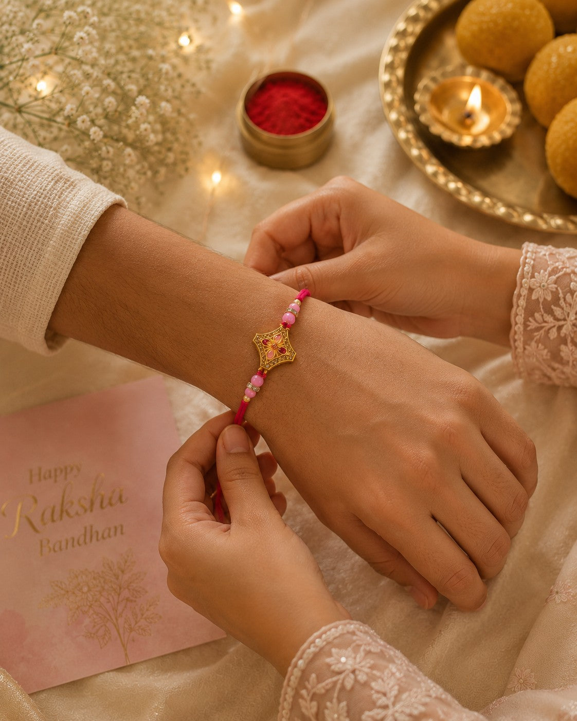 Blush Blossom Handmade Rakhi with Floral Enamel Motif & Pink Beads