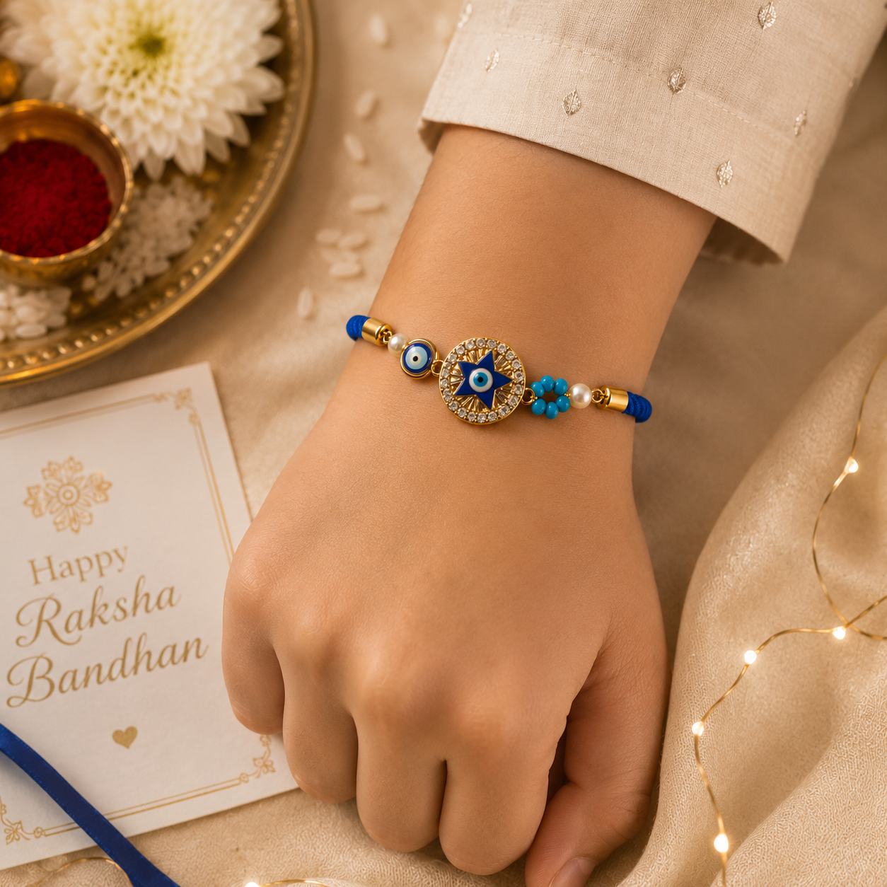 Oxidised Bhaiya Bhabhi Rakhi Set β Divine Krishna Lumba & Pearl Designer Rakhi Combo (Copy)