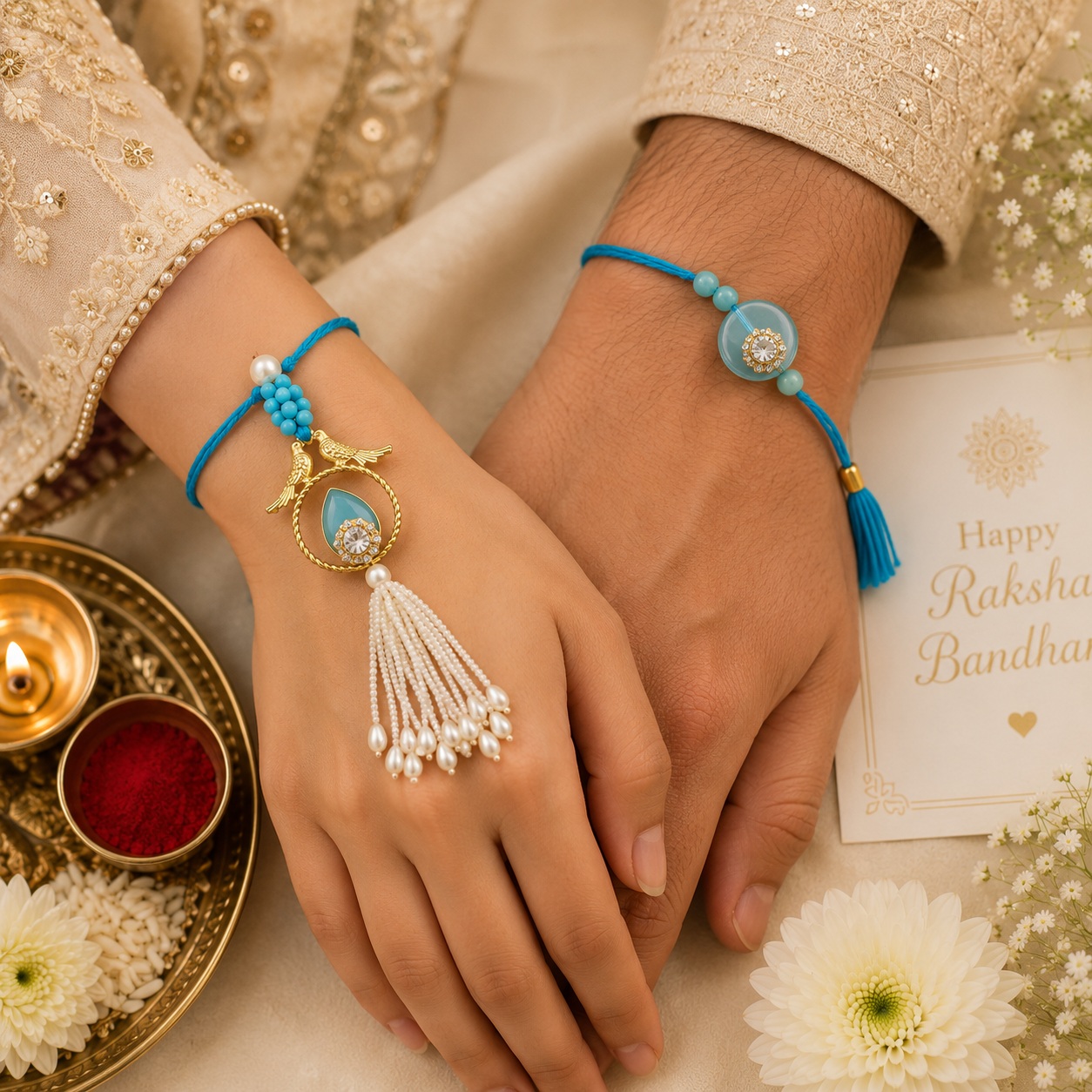 Blue Crystal Lumba & Rakhi Set | Designer Pearl Tassel Bhai Bhabhi Rakhi Combo
