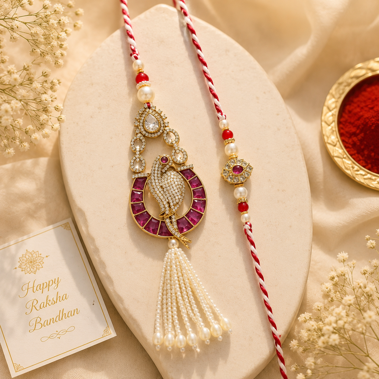Evil Eye Bhaiya Bhabhi Rakhi Set β Red Pearl Tassel Lumba Rakhi Combo