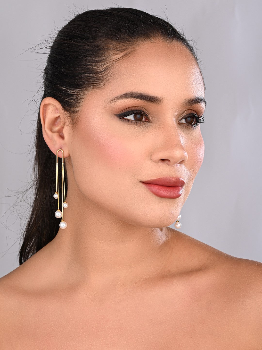 Celeste Triple Golden Pearl Drop Earrings - Reenisaa