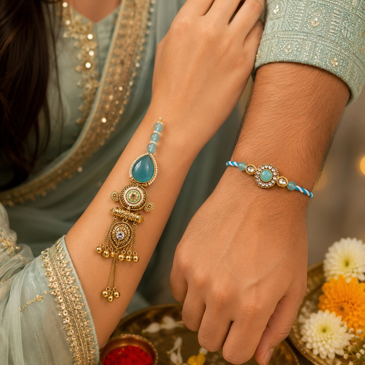 Pastel Blue Bhaiya Bhabhi Rakhi Set β Designer Lumba & Stone Rakhi Combo