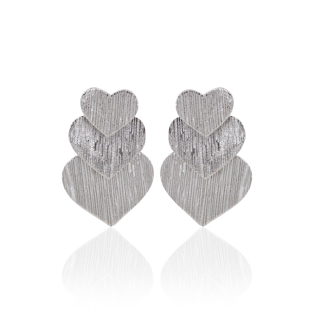 Rhodium Plated Linked Hearts Drop Earrings