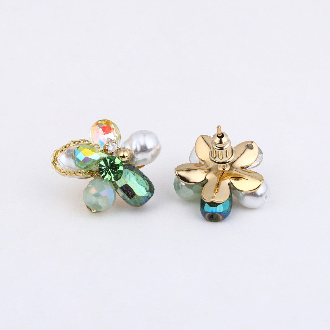 Emerald Crystal Pearl Flower Studs