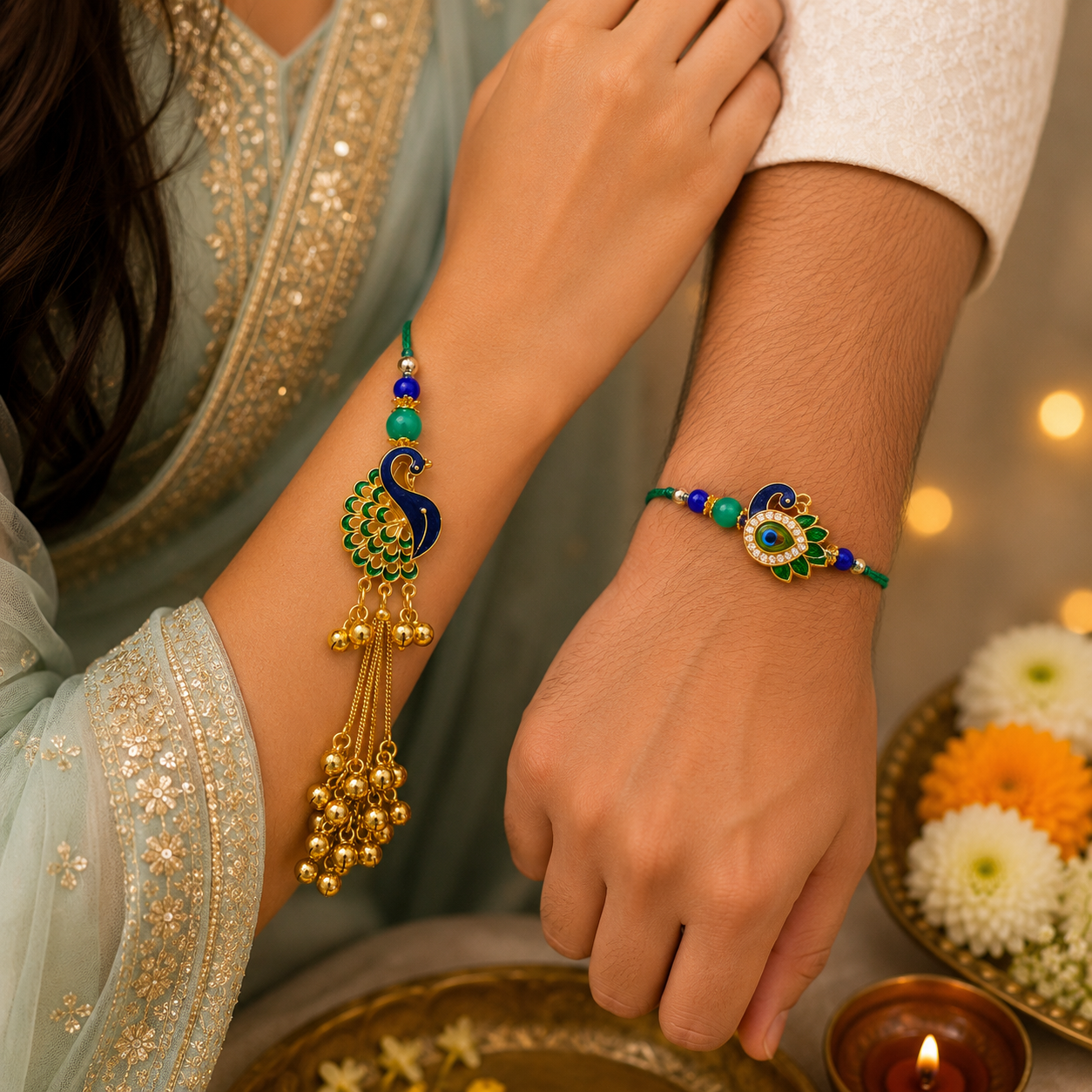 Peacock Bhaiya Bhabhi Rakhi Set – Blue & Green Designer Lumba Rakhi Combo