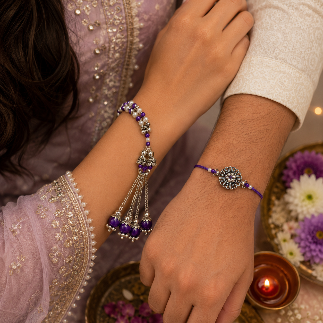 Bhaiya Bhabhi Rakhi Set β Beaded Bracelet Lumba & Floral Designer Rakhi Combo
