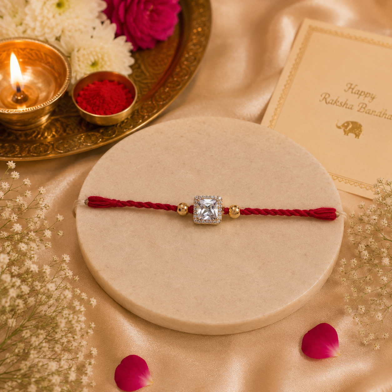 Classic Stone Handmade Rakhi with Crystal Charm & Sacred Red Thread