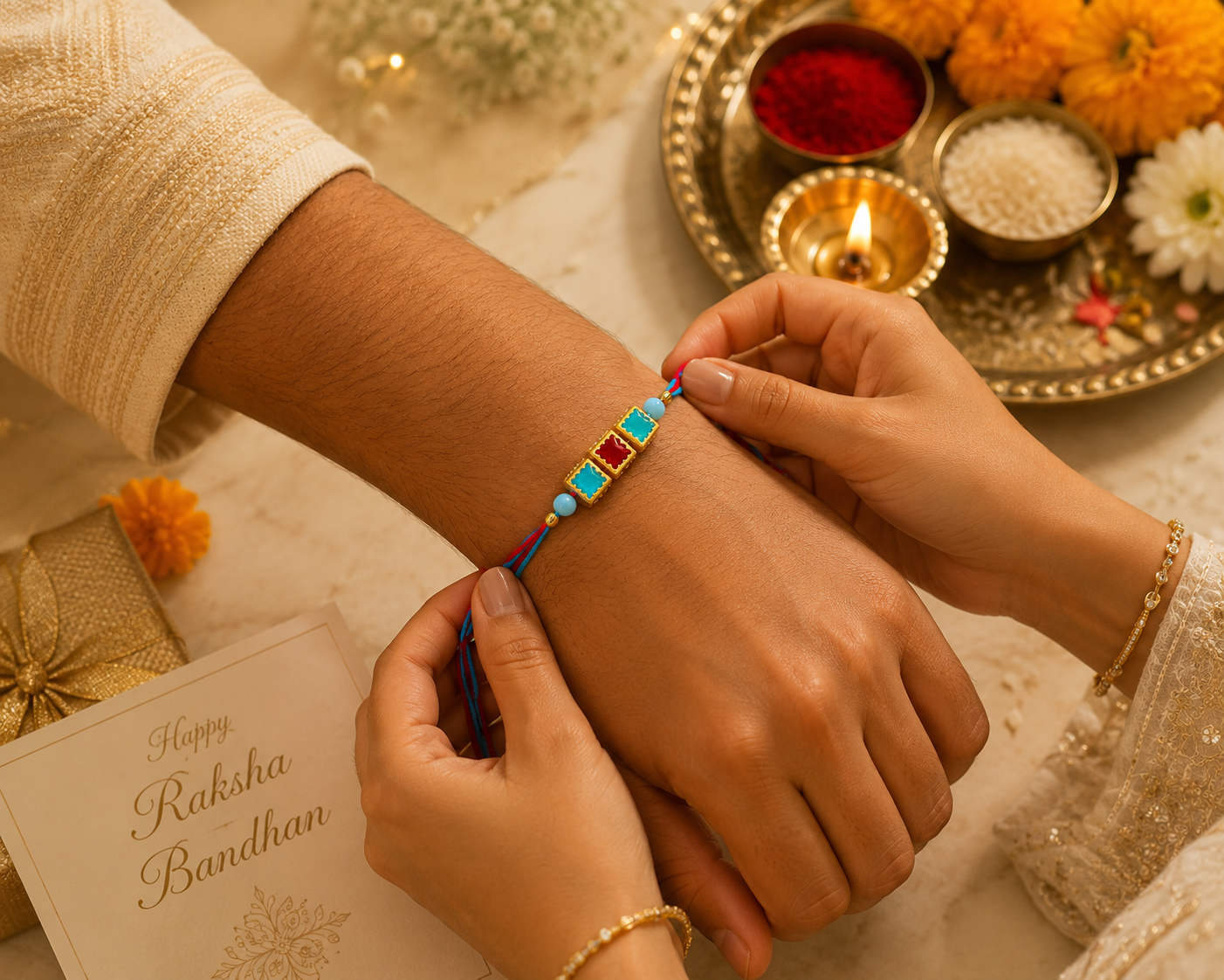 Designer Rakhi Set of 2 | Colorful Stone & Hexagon Beaded Rakhi Combo