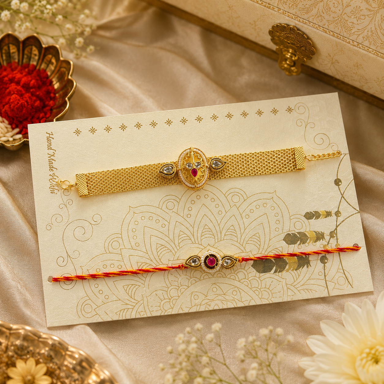 Premium Bhaiya Bhabhi Rakhi Set with Gold Bracelet Rakhi & Elegant Pearl Rakhi
