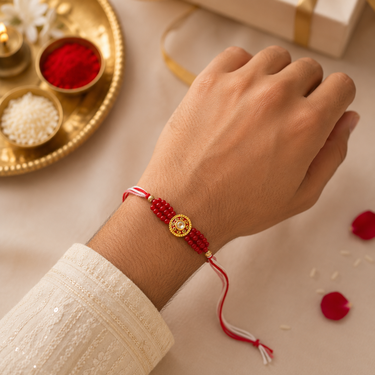 Designer Evil Eye & Red Beaded Rakhi Set of 2