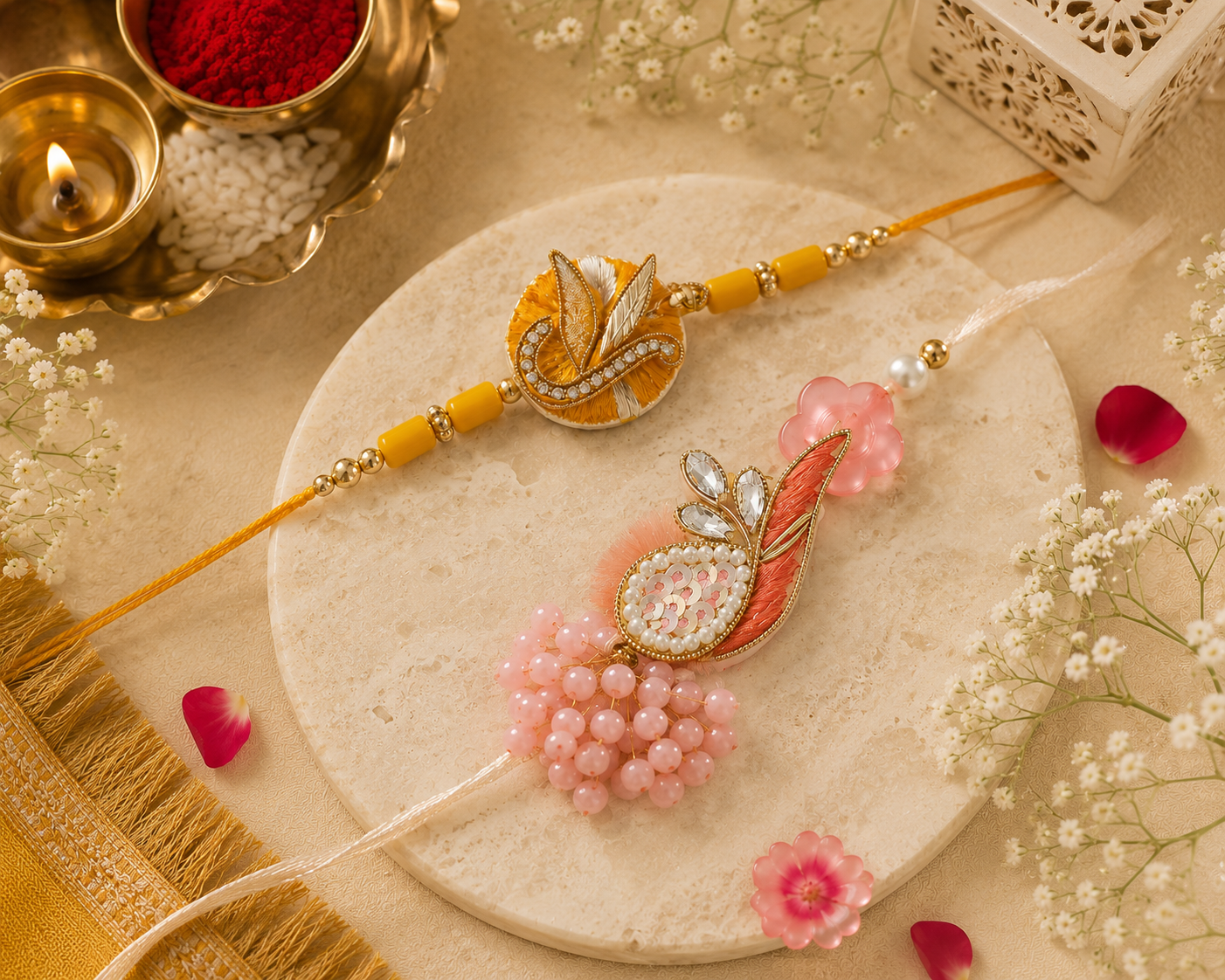Designer Rakhi Duo – Blush Feather & Golden Leaf Handcrafted Rakhi Set