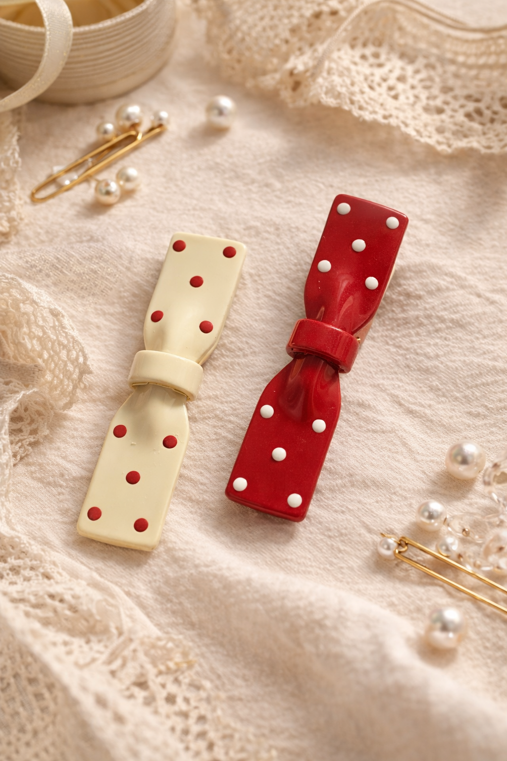Rosé Dots Bow Hair Clip Set of 2 - Reenisaa