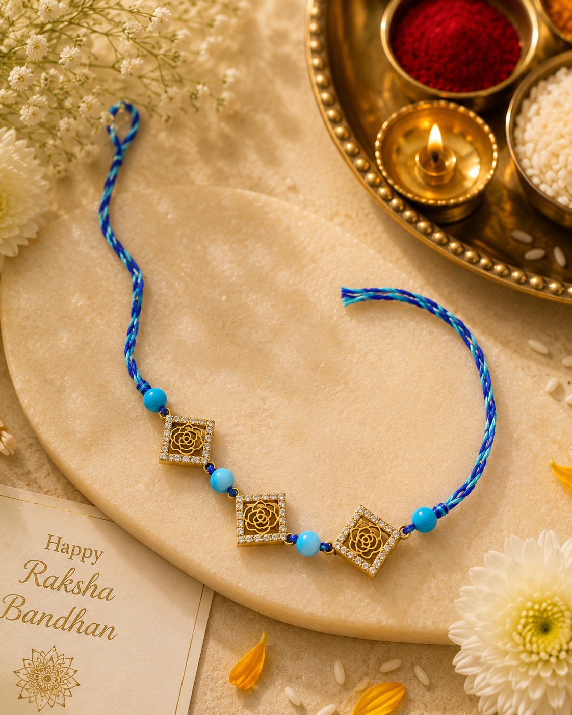 Blue Floral Charm Rakhi with Zircon-Studded Gold Motifs