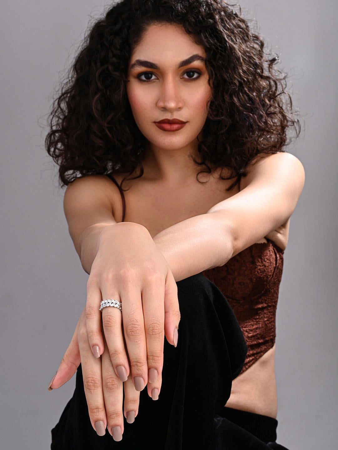 Silver Frosted Leaf Adjustable Ring with Marquise CZ Stone Design - Reenisaa