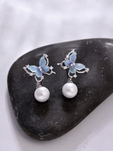 Blue Crystal Butterfly Earring with Pearl Drop