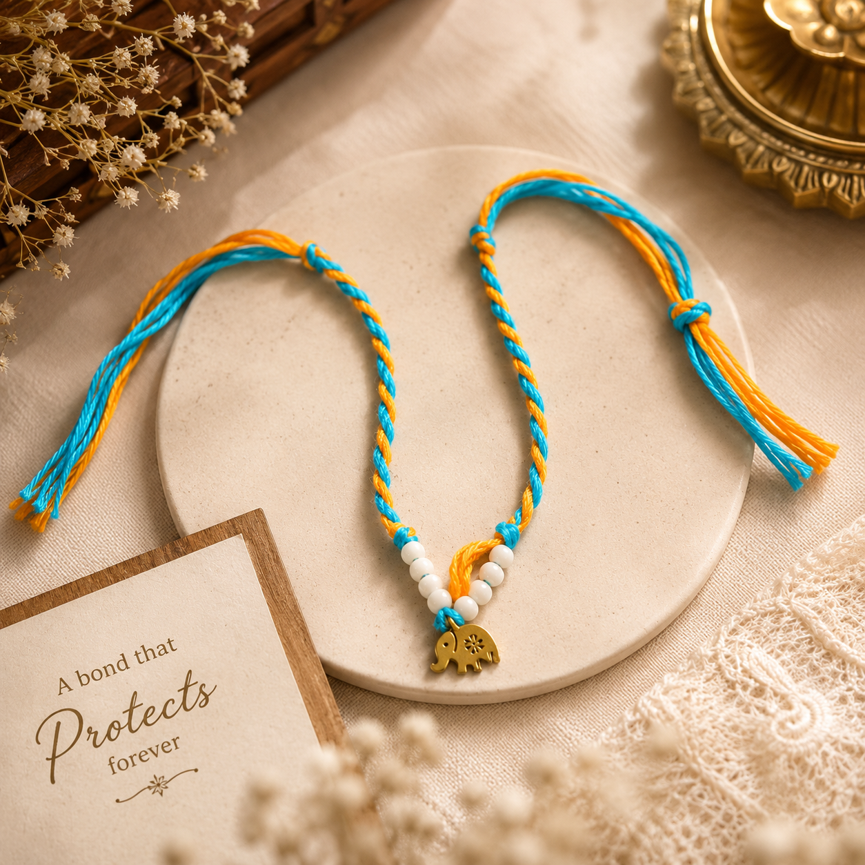 Yellow Floral & Elephant Charm Rakhi Set of 2