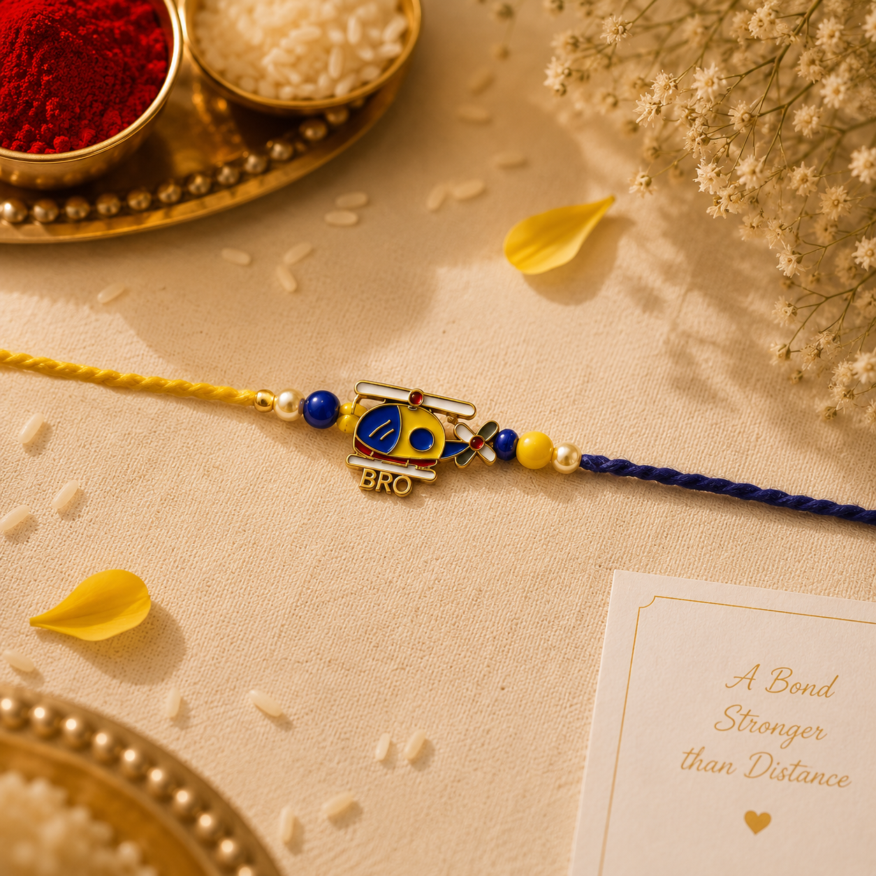 Kids Adventure Rakhi Set – Helicopter & School Bus Designer Rakhi for Raksha Bandhan