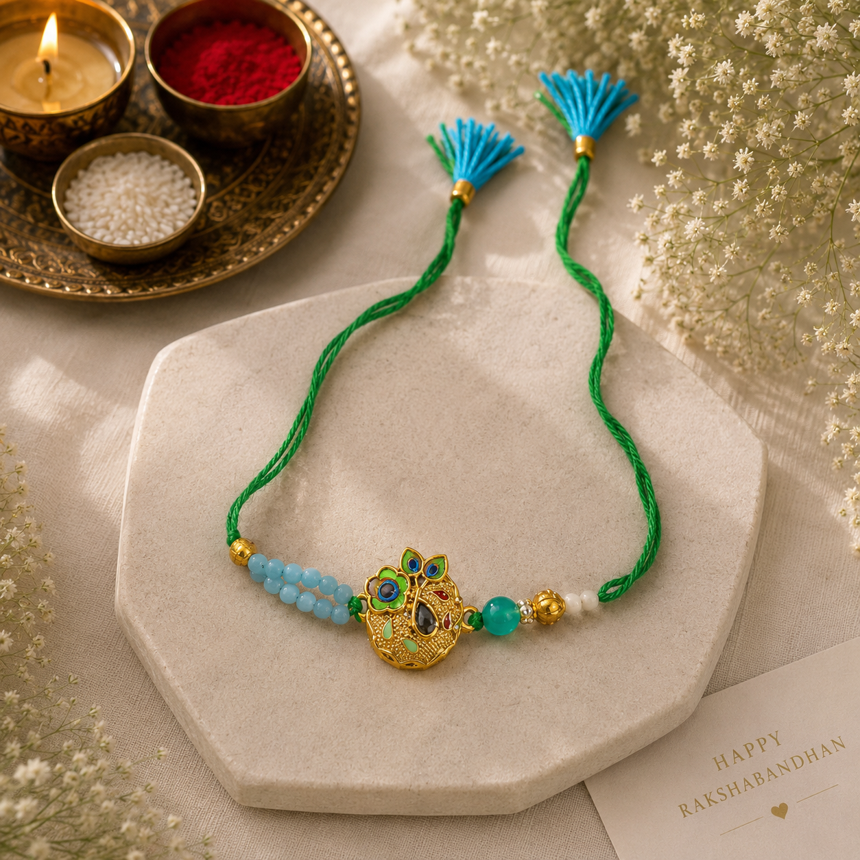Peacock Charm & Flute Feather Rakhi Set – Handcrafted Designer Rakhi Combo