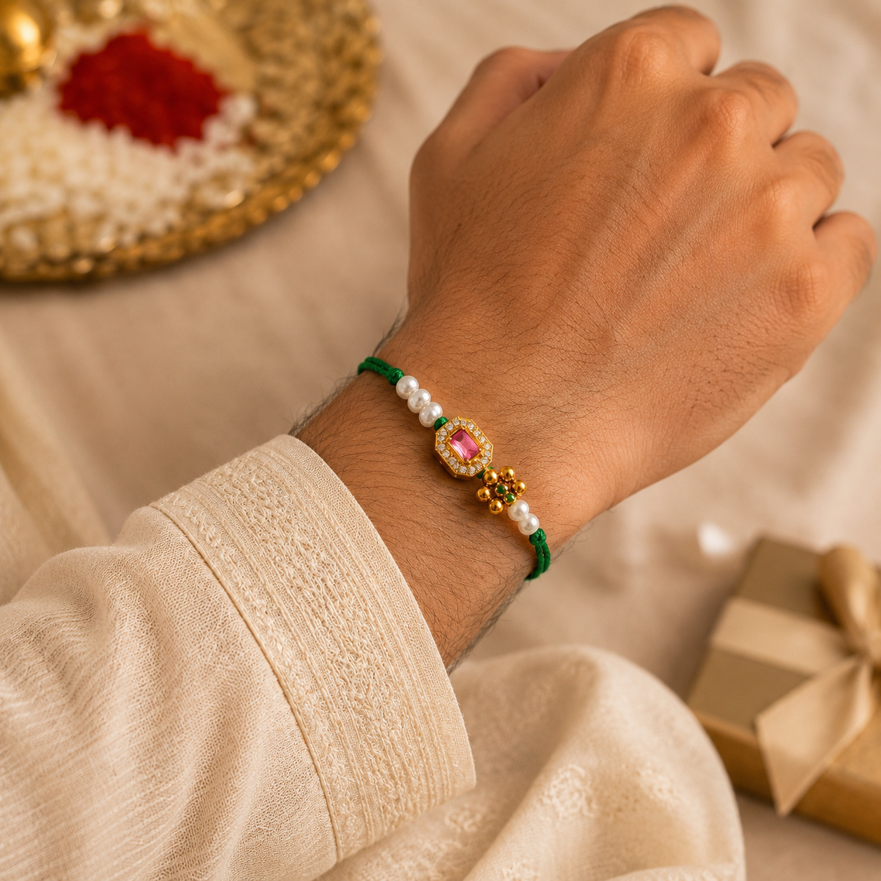 Emerald Green Bhaiya Bhabhi Rakhi Set – Traditional Lumba & Designer Rakhi Combo