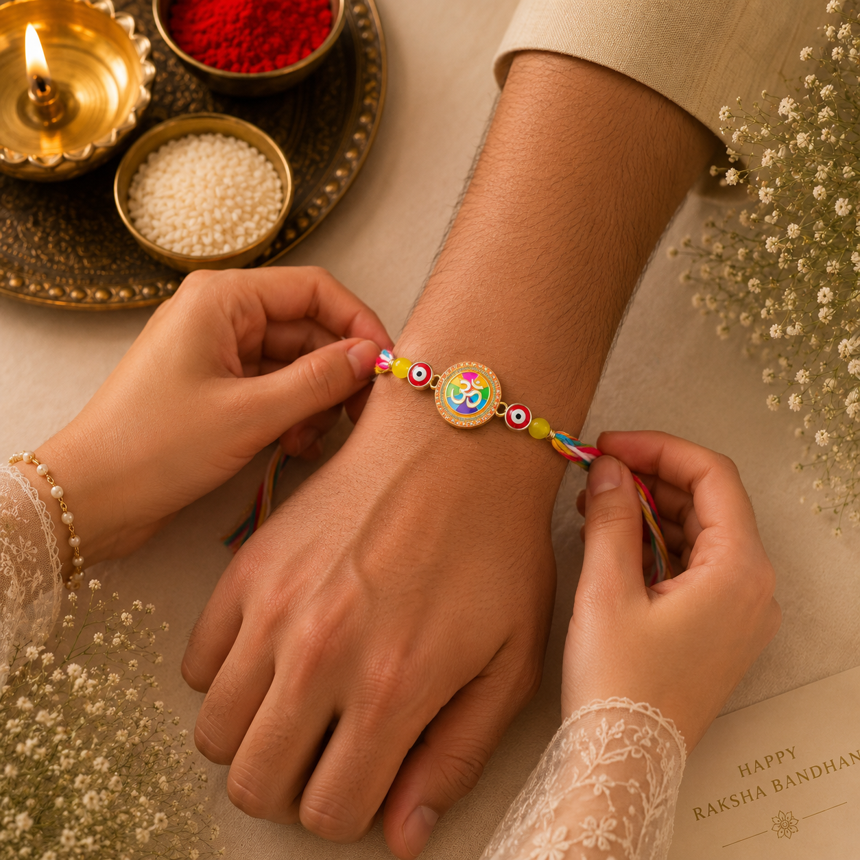 Designer Rakhi Set of 2 | Om Evil Eye & Crystal Stone Rakhi Combo