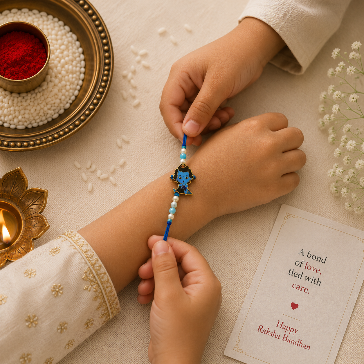 Bal Krishna Kids Designer Rakhi with Blue Bead Accents