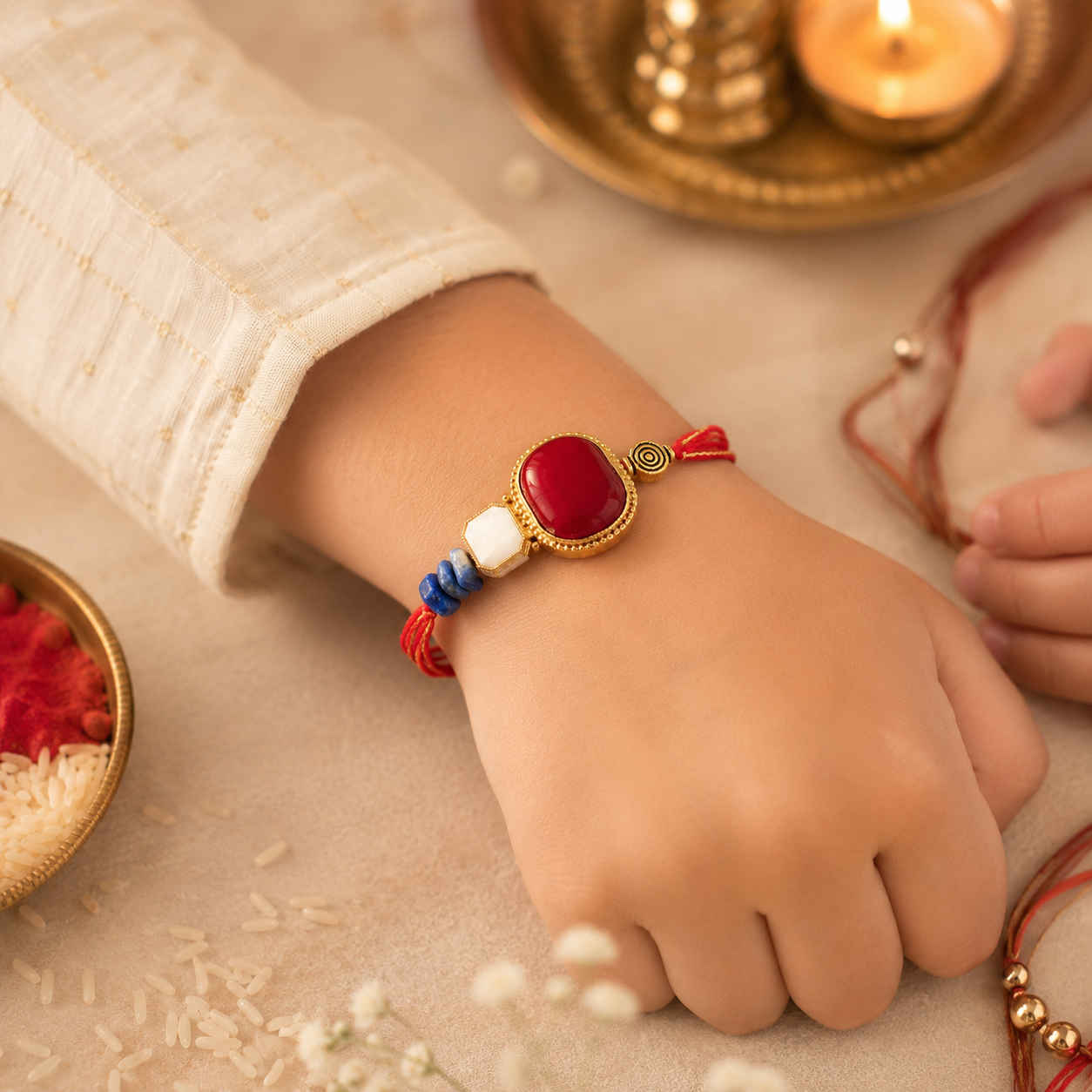 Emerald Harmony Handmade Rakhi with Kundan Accent & Ruby Beads Red