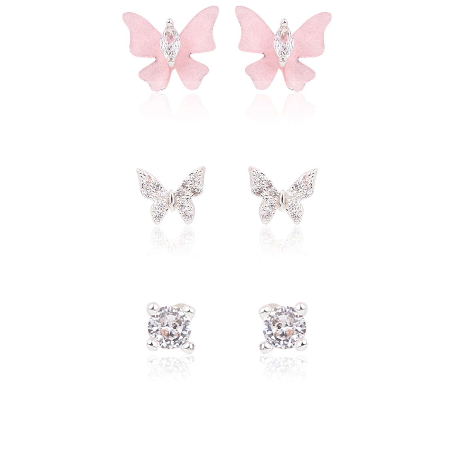 Kids' Dainty Pink Butterfly 925 Silver Stud Trio