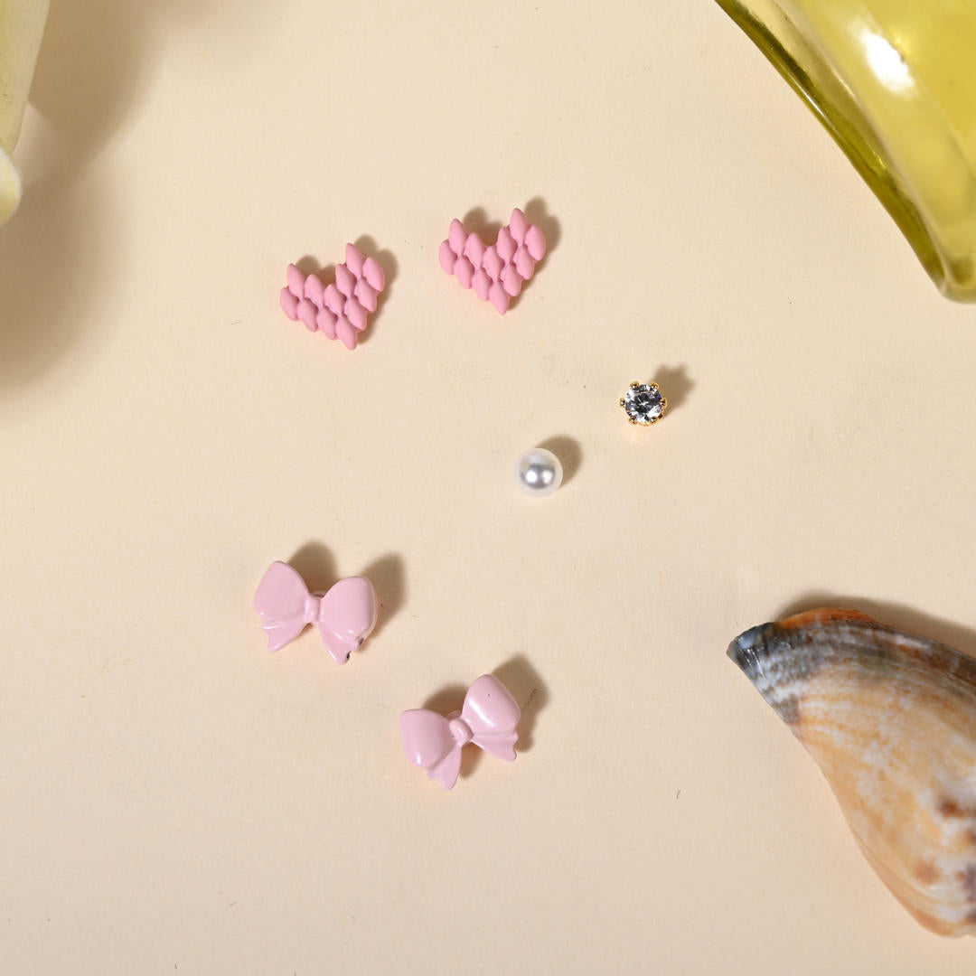 Pixel Hearts & Bows Stud Set (925 Silver, 3-Pair) - Reenisaa