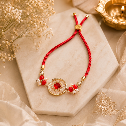 Red Crystal Stone Rakhi with Gold-Tone Medallion & Pearl Accents