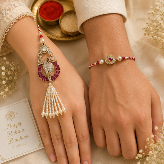 Evil Eye Bhaiya Bhabhi Rakhi Set – Red Pearl Tassel Lumba Rakhi Combo