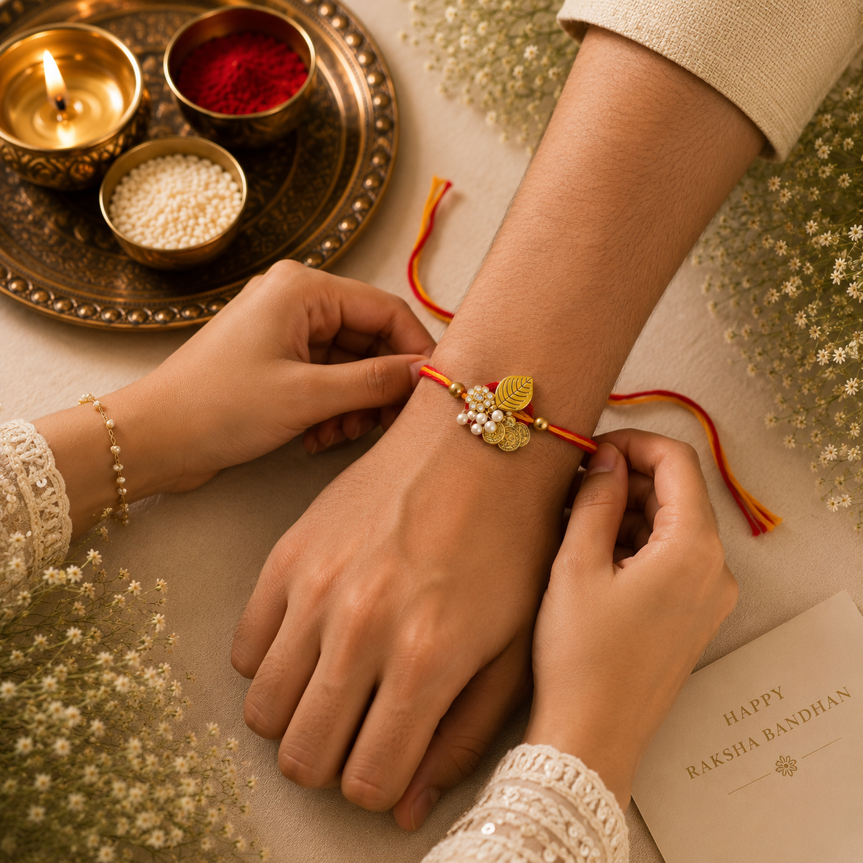 Set of 3 Designer Rakhi Combo – Om Rakhi, Divine Charm Rakhi & Traditional Pearl Rakhi