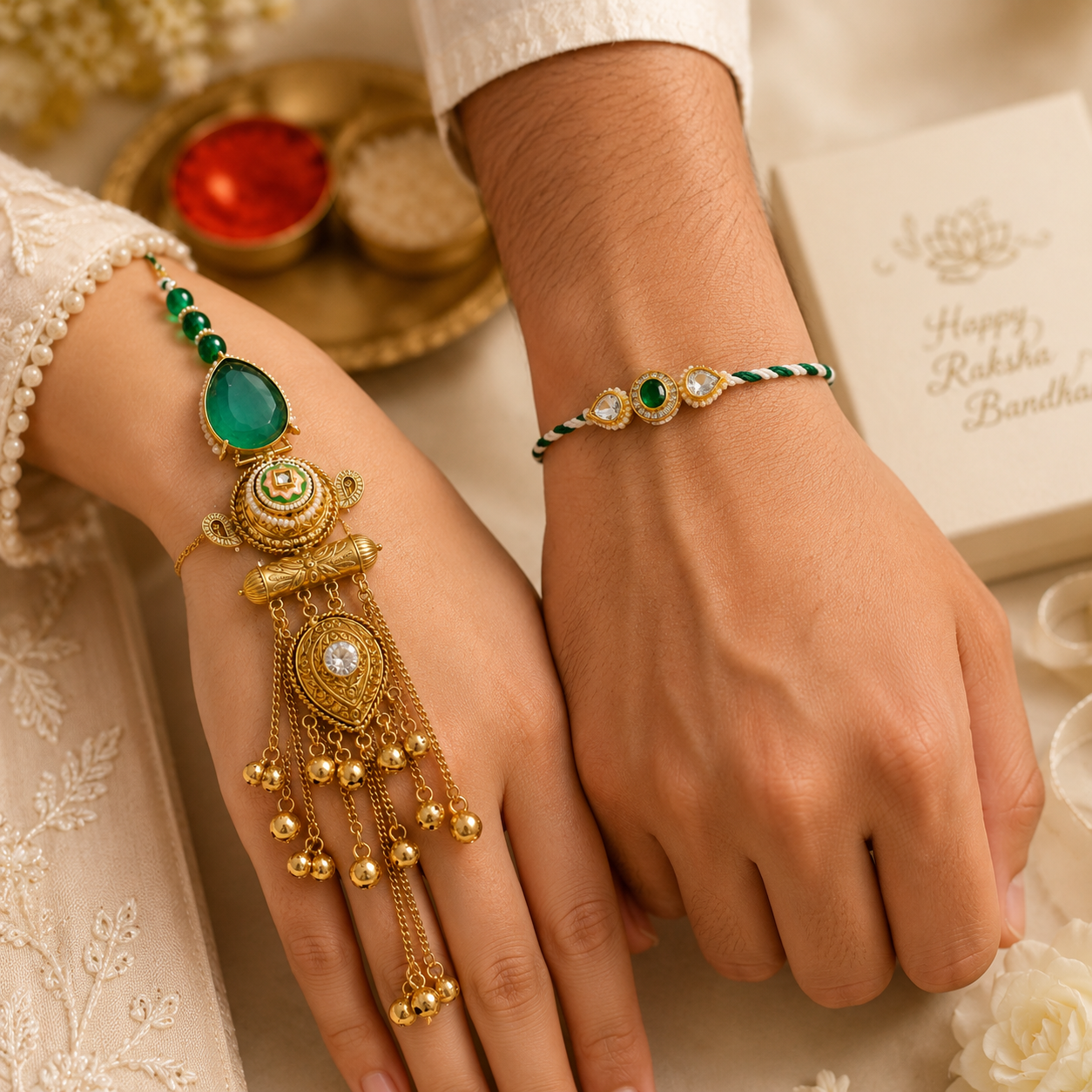 Pastel Green Bhaiya Bhabhi Rakhi Set – Designer Lumba & Stone Rakhi Combo