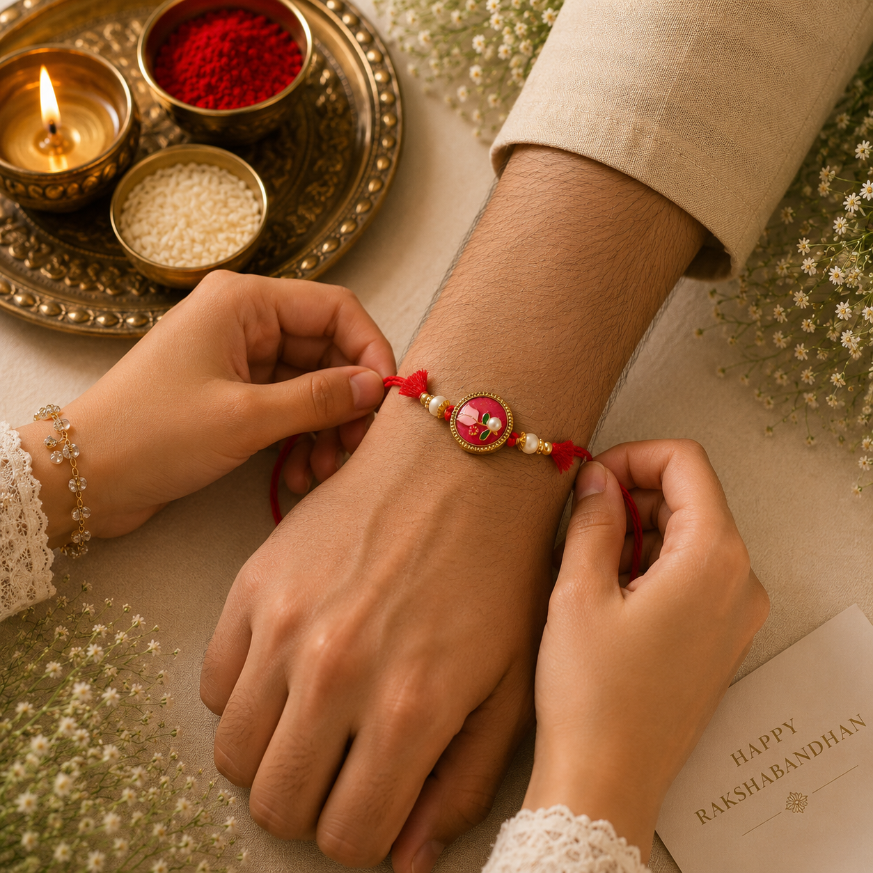 Floral Meenakari Rakhi Set – Handcrafted Pink & Pearl Designer Rakhi Collection (Set of 2)