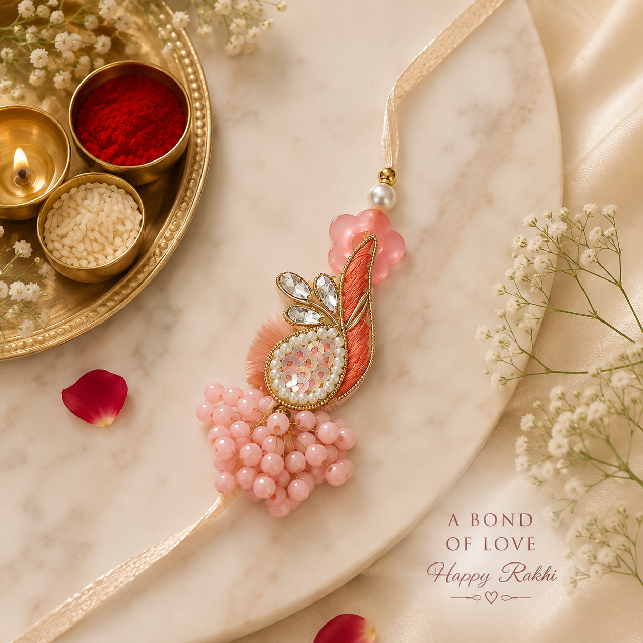 Designer Rakhi Duo – Blush Feather & Golden Leaf Handcrafted Rakhi Set