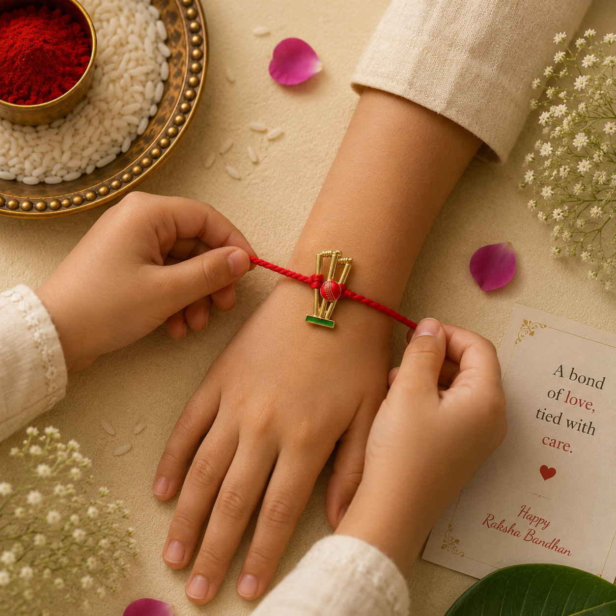 Cricket Ball & Stumps Rakhi Set – Handcrafted Designer Rakhi for Raksha Bandhan