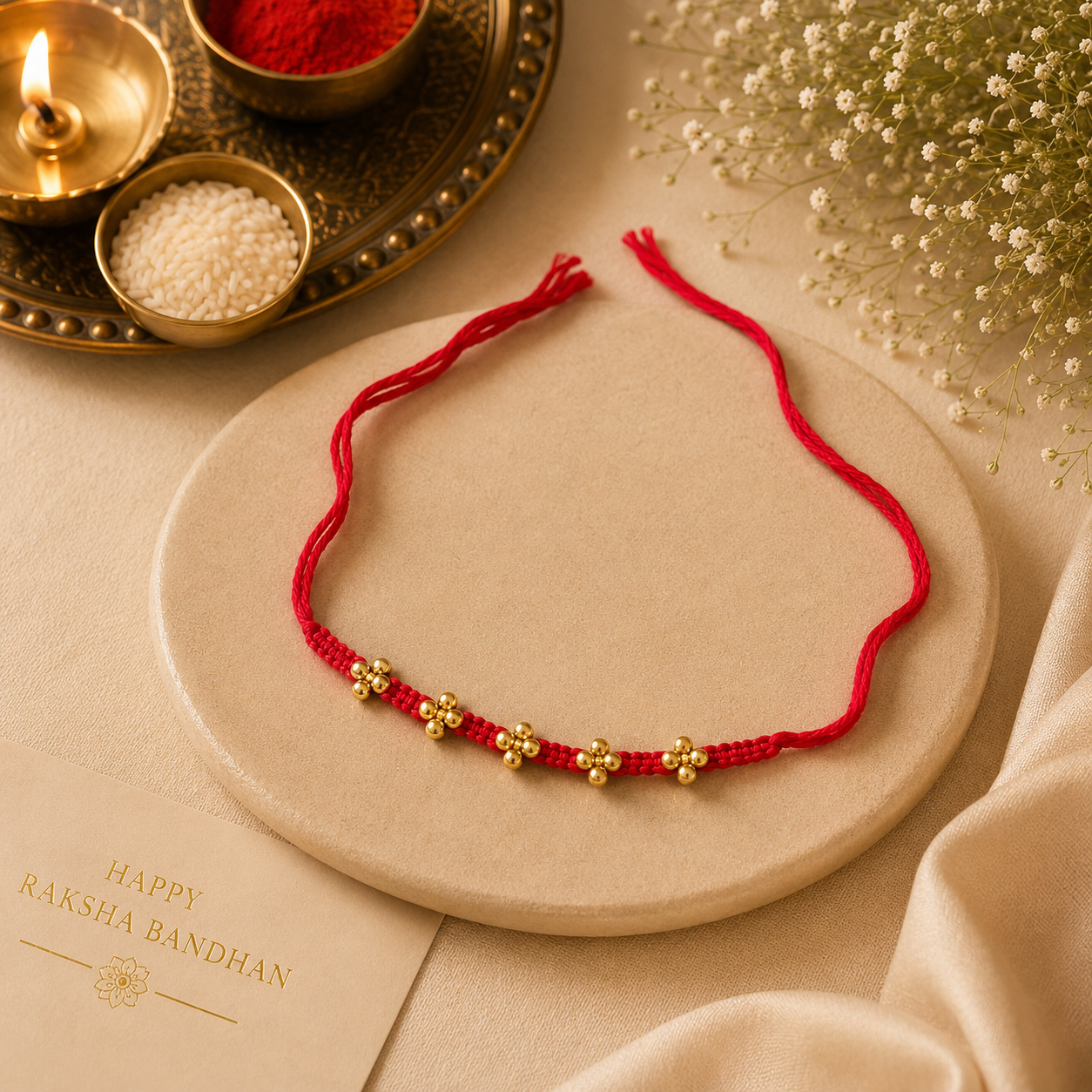 Sacred Trio Rakhi Set – Floral Bead, Om Charm & Traditional Thread Rakhi Collection