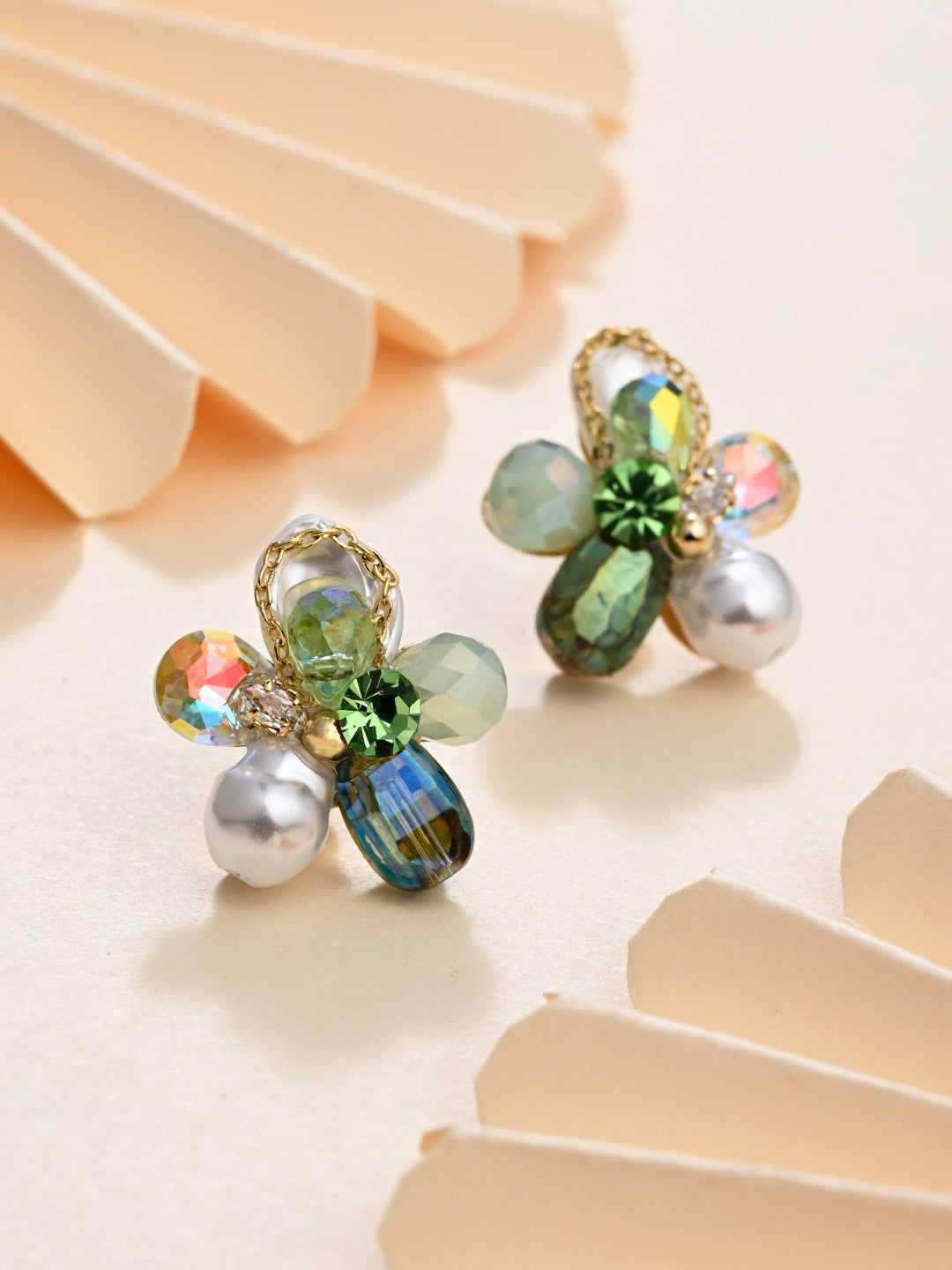 Emerald Crystal Pearl Flower Studs