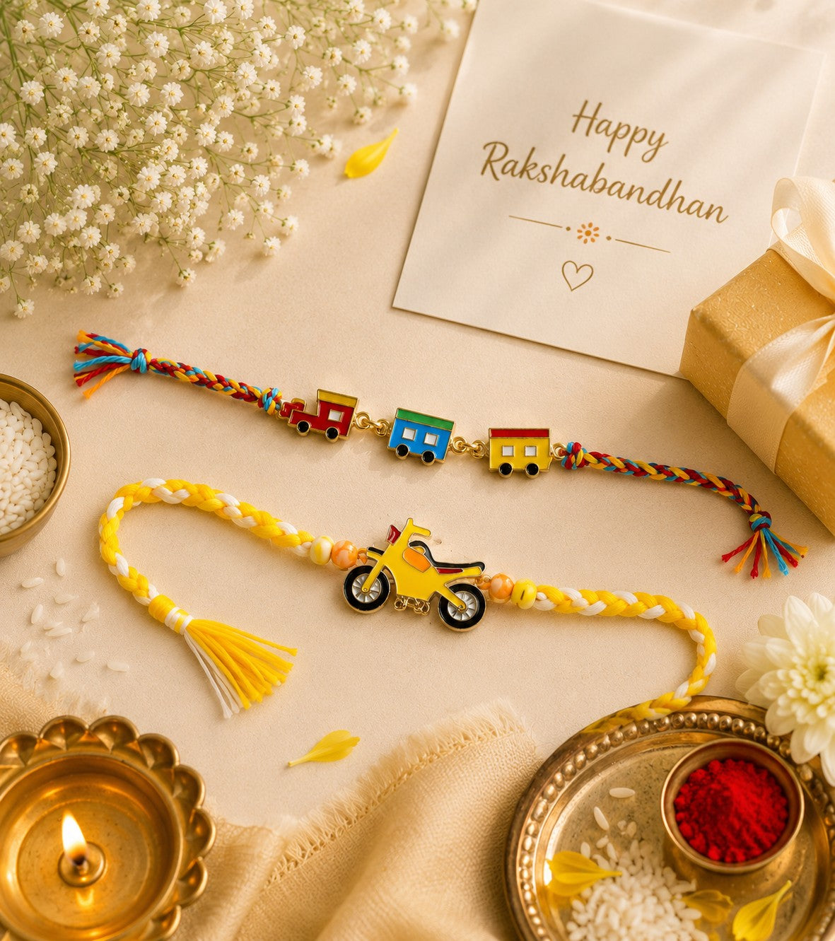 Kids Adventure Rakhi Set of 2 – Colorful Train & Motorcycle Designer Rakhis