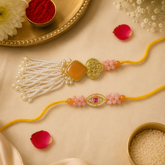 Yellow Evil Eye Bhai Bhabhi Rakhi Set with Pearl Tassel Lumba