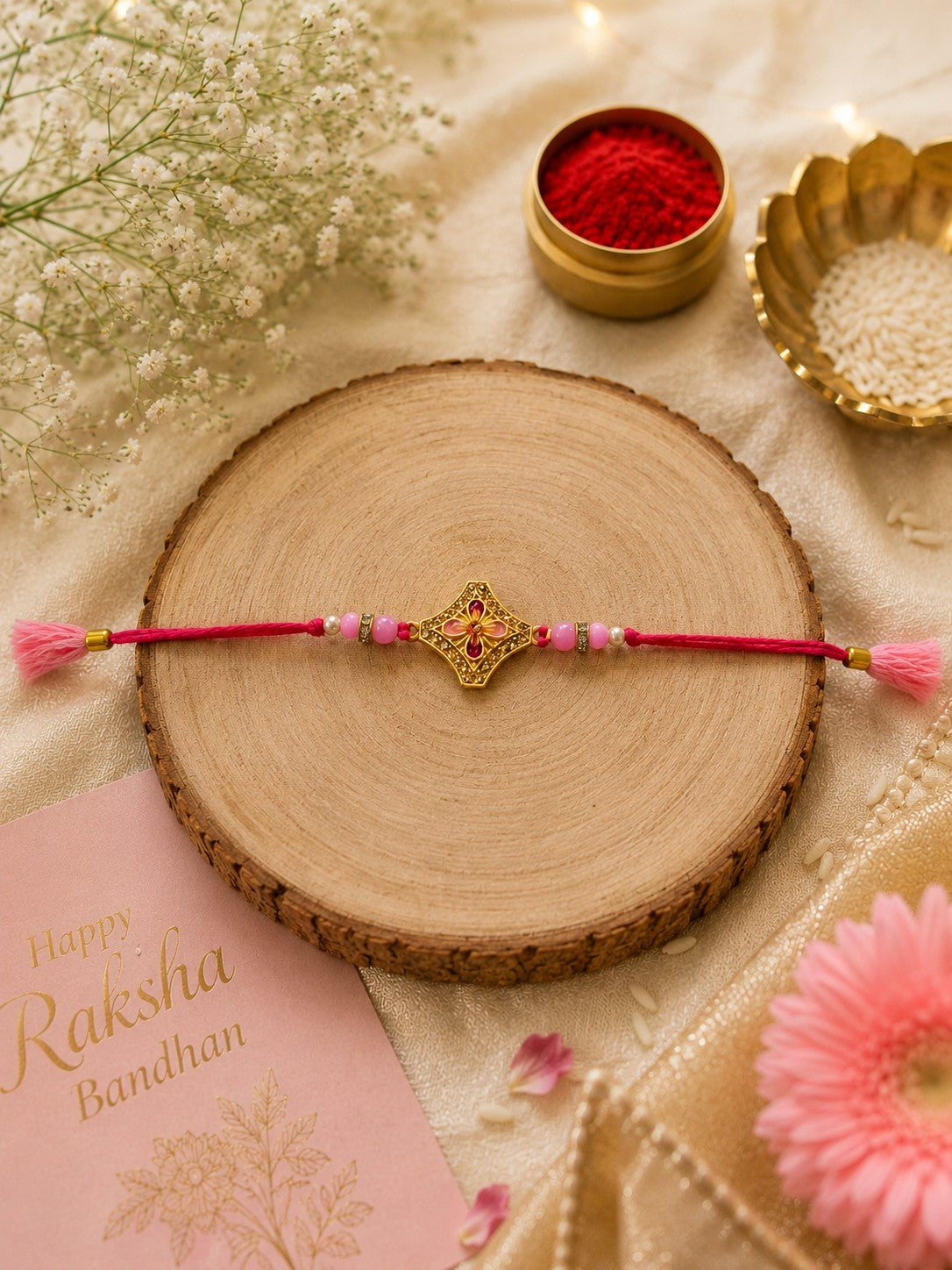 Blush Blossom Handmade Rakhi with Floral Enamel Motif & Pink Beads